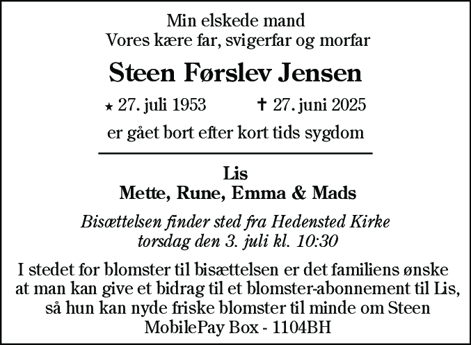 Dødsannonce for Steen Førslev Jensen