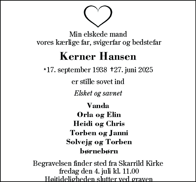 Dødsannonce for Kerner Hansen