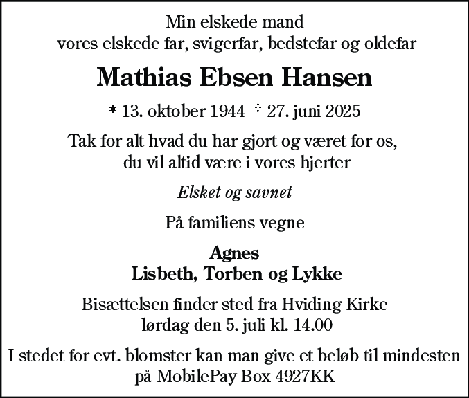 Dødsannonce for Mathias Ebsen Hansen