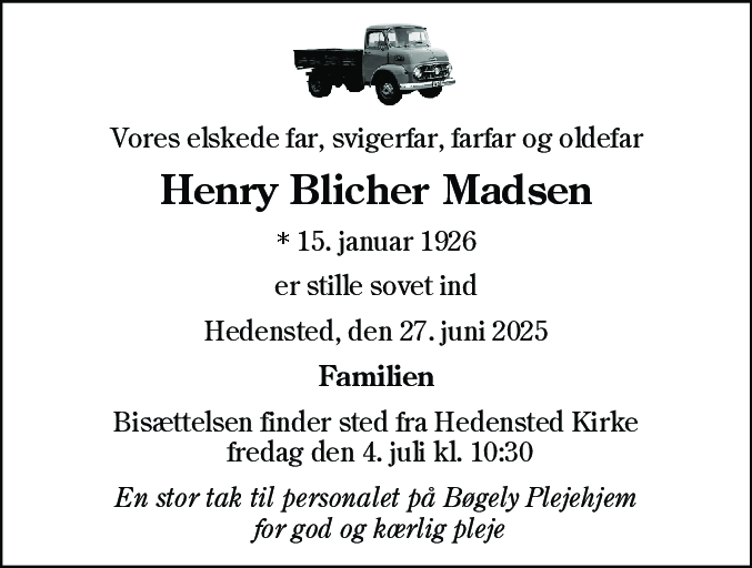 Dødsannonce for Henry Blicher Madsen