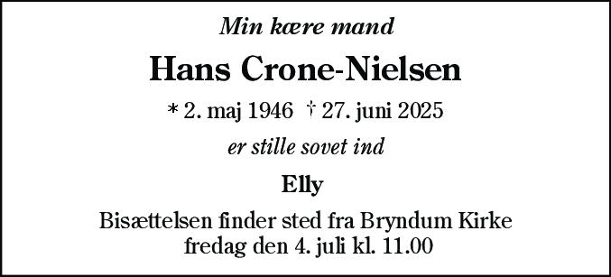 Dødsannonce for Hans Crone-Nielsen
