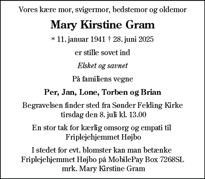 Dødsannonce for Mary Kirstine Gram