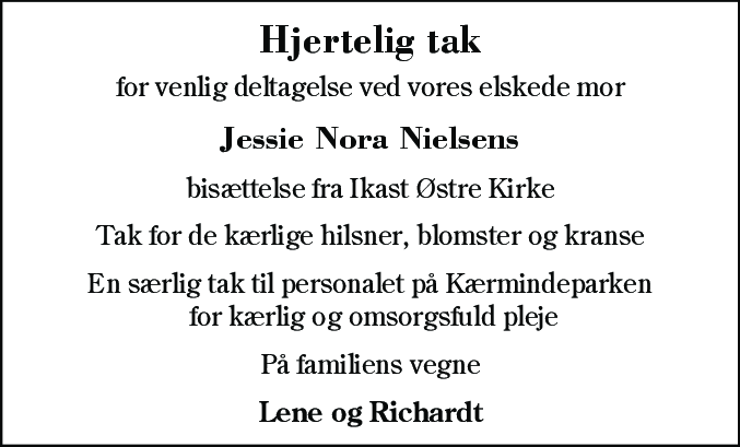 Dødsannonce for Jessie Nora Nielsen