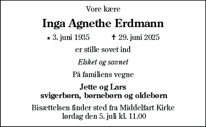 Dødsannonce for Inga Agnethe Erdmann