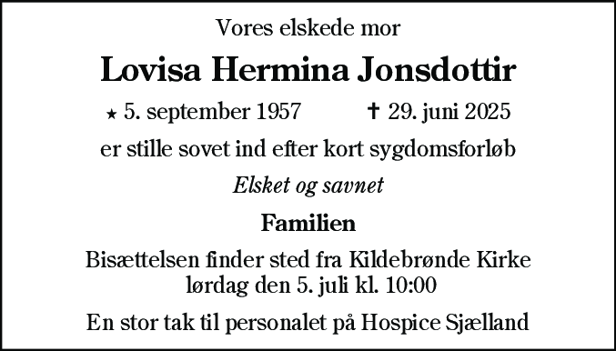 Dødsannonce for Lovisa Hermina Jonsdottir