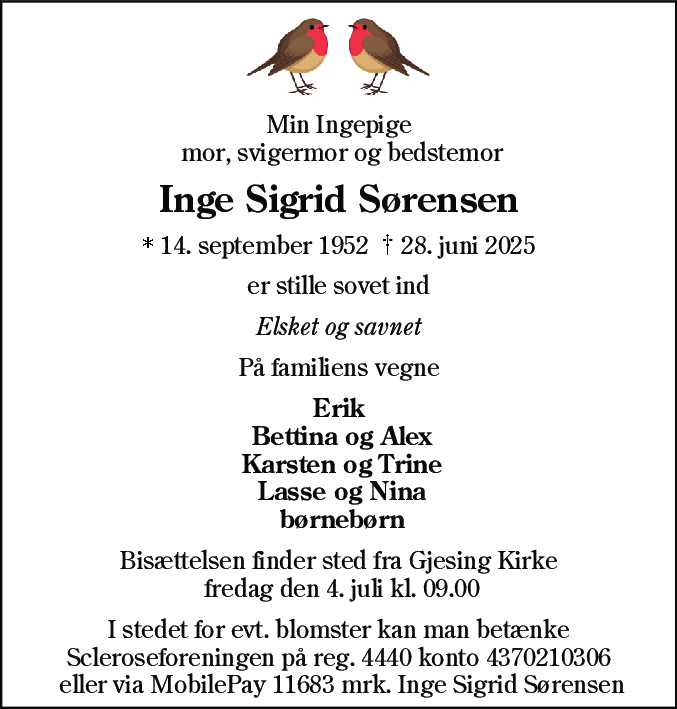 Dødsannonce for Inge Sigrid Sørensen