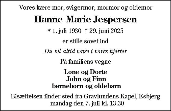 Dødsannonce for Hanne Marie Jespersen