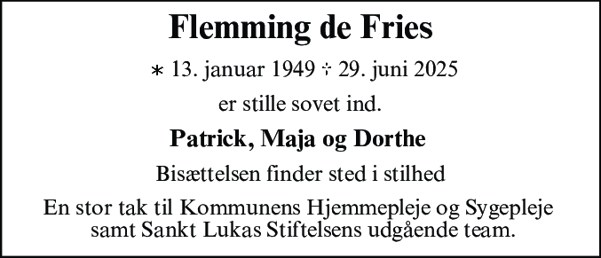 Dødsannonce for Flemming de Fries