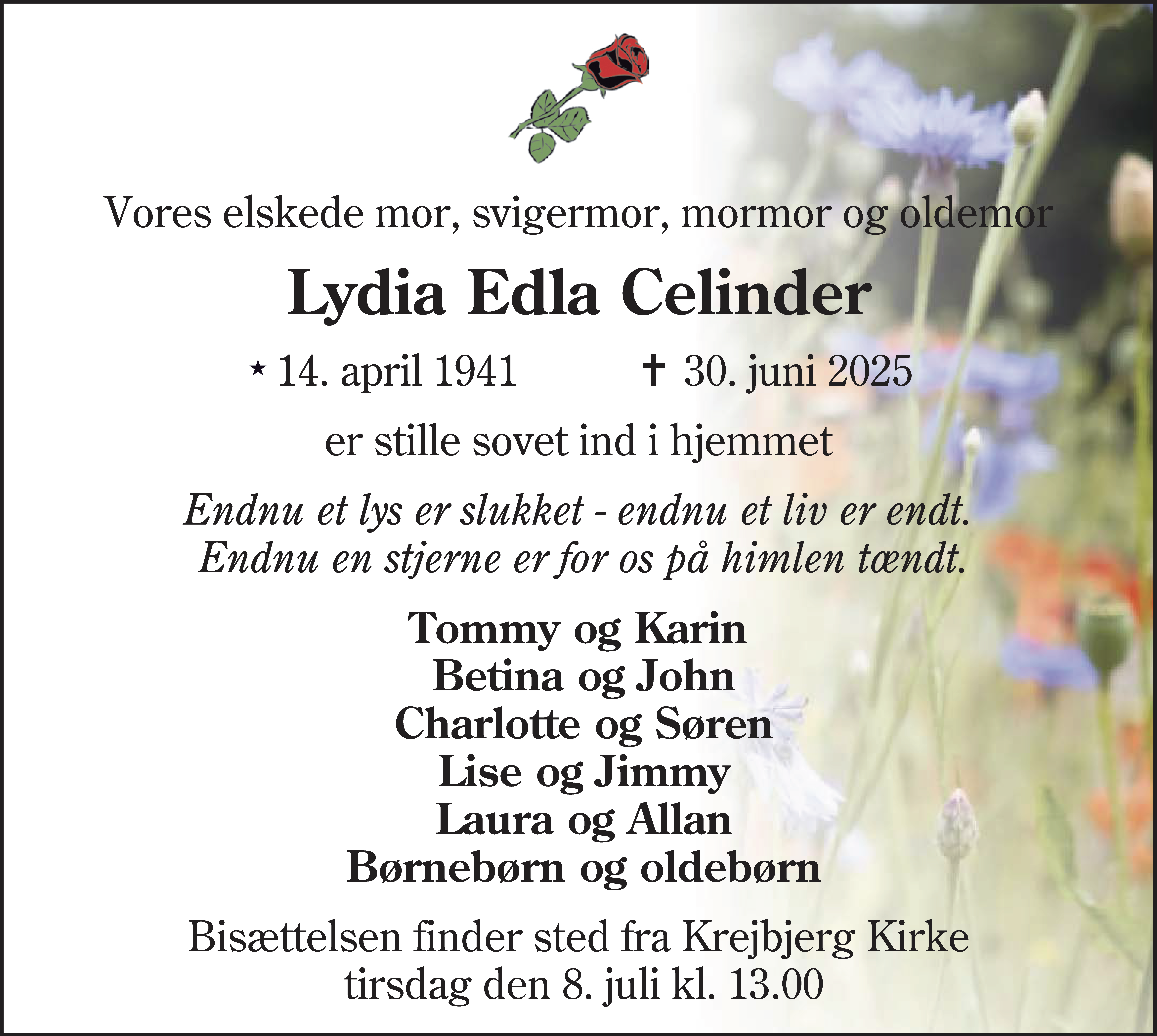 Dødsannonce for Lydia Edla Celinder