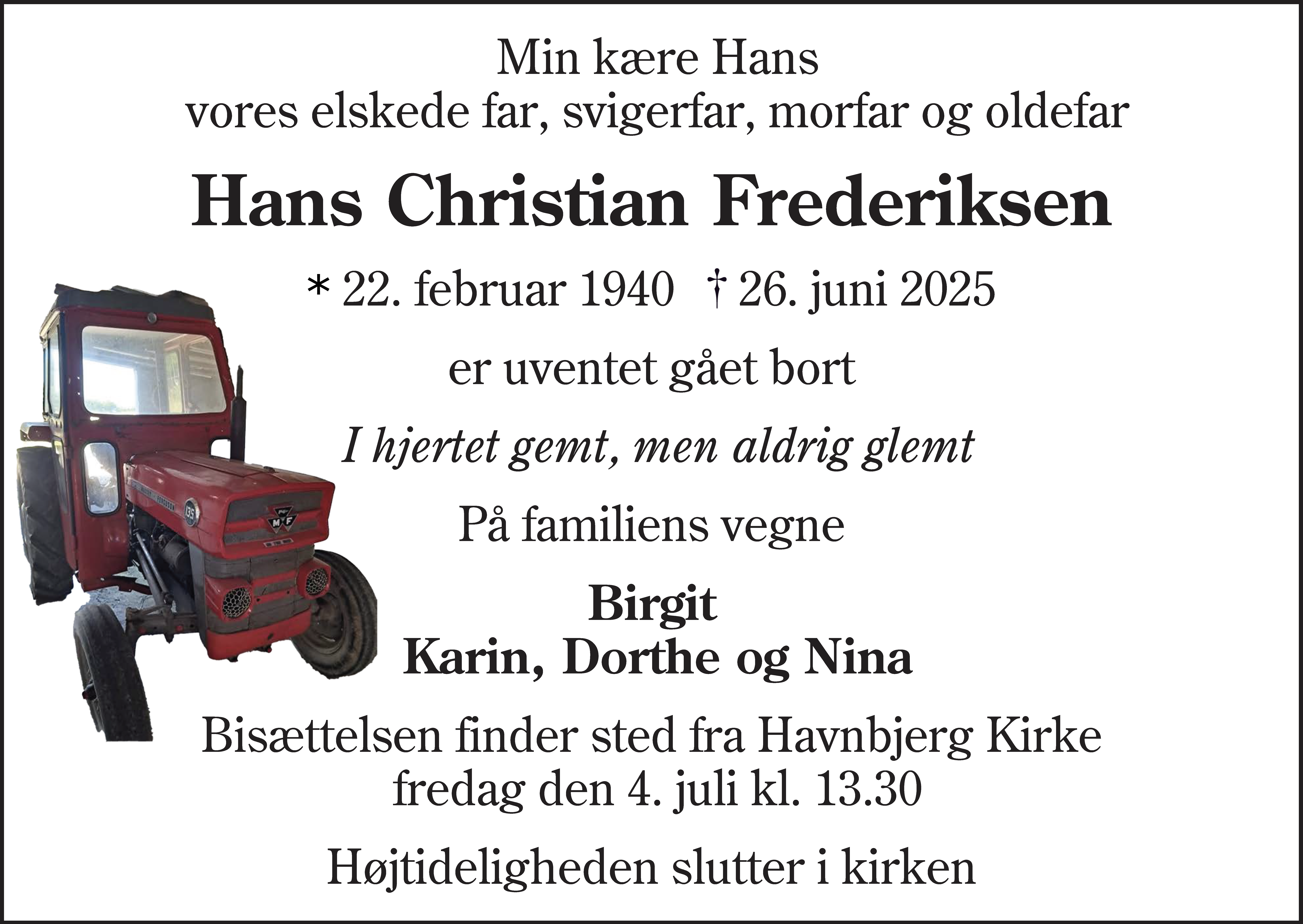 Dødsannonce for Hans Christian Frederiksen