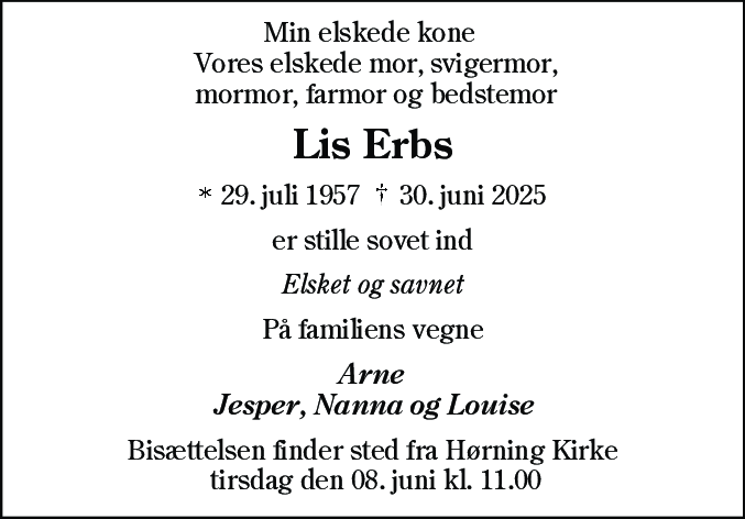 Dødsannonce for Lis Erbs