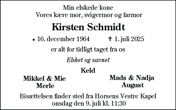 Dødsannonce for Kirsten Schmidt
