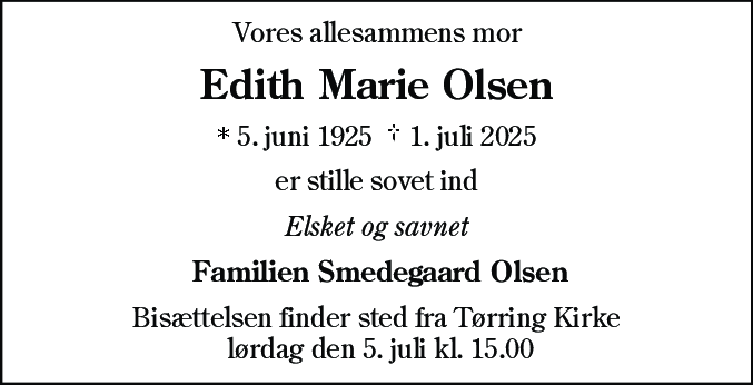 Dødsannonce for Edith Marie Olsen