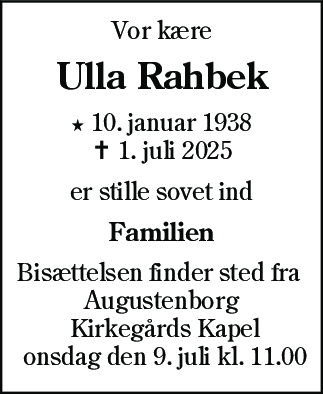 Dødsannonce for Ulla Rahbek