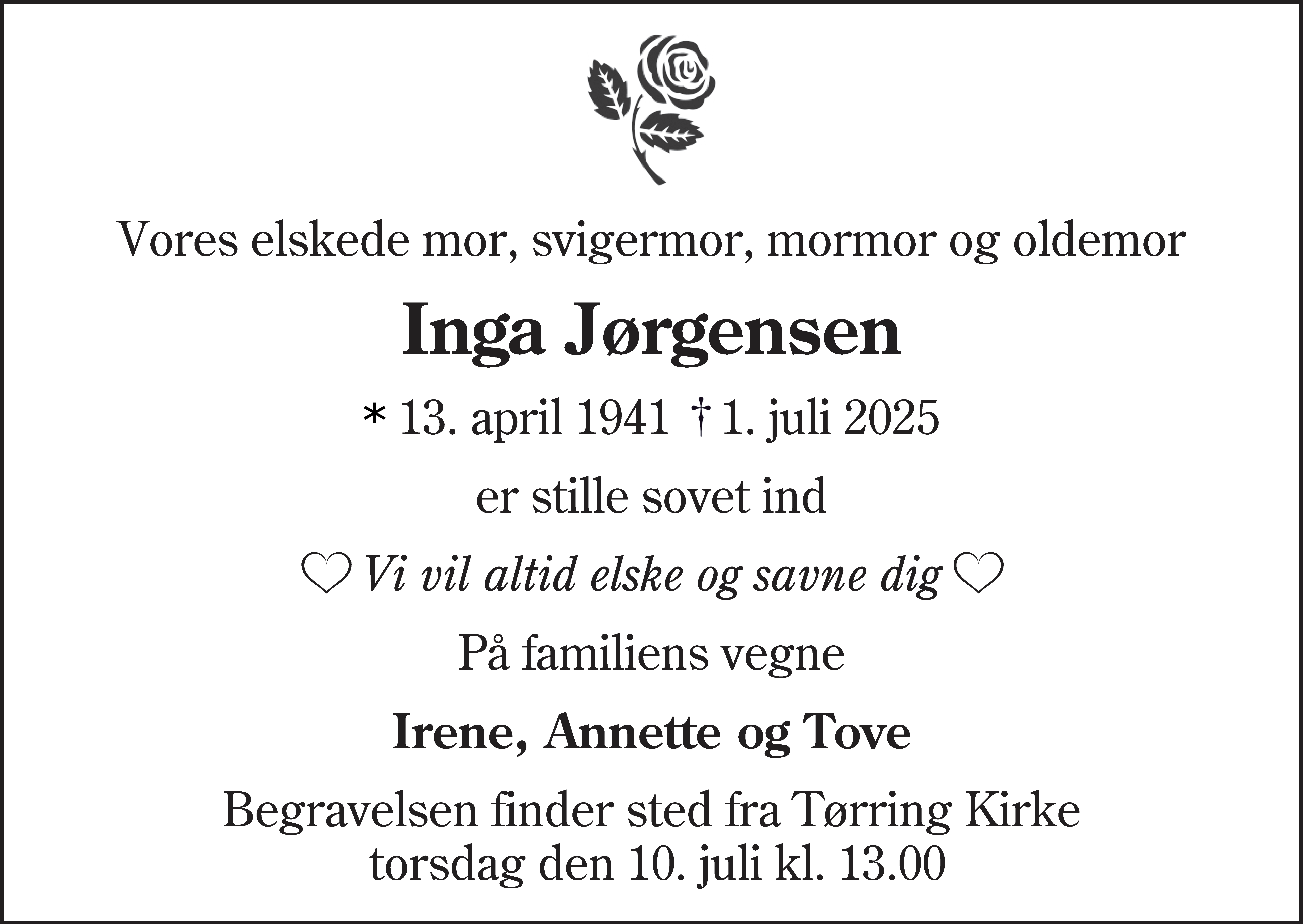 Dødsannonce for Inga Jørgensen