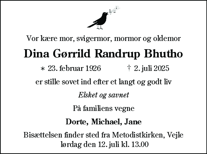 Dødsannonce for Dina Gørrild Randrup Bhutho