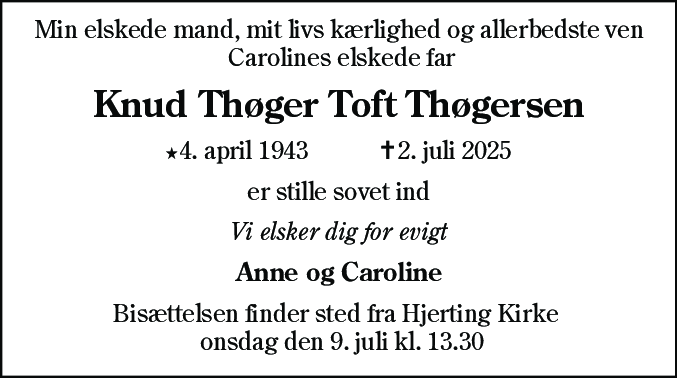 Dødsannonce for Knud Thøger Toft Thøgersen