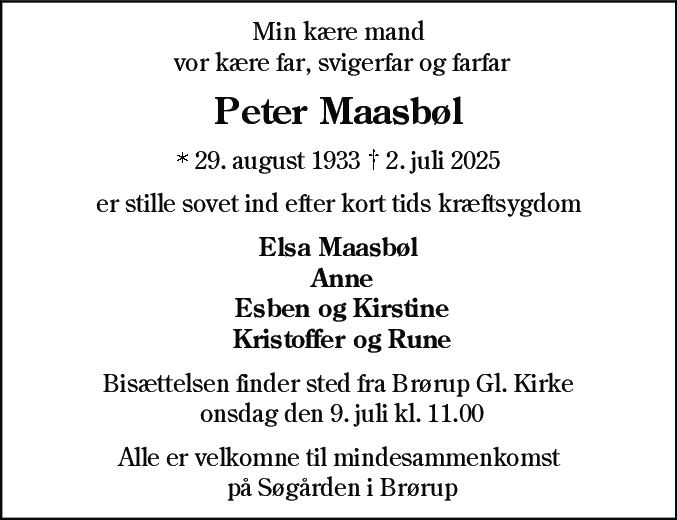 Dødsannonce for Peter Maasbøl
