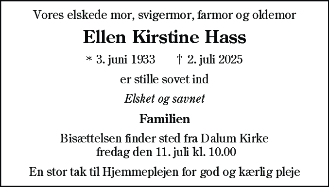 Dødsannonce for Ellen Kirstine Hass