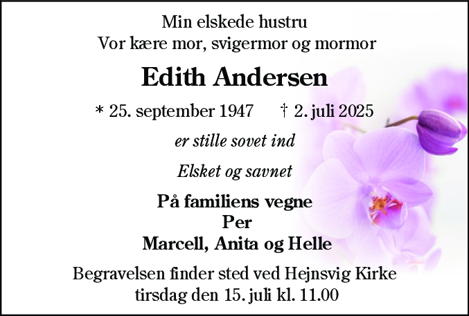 Dødsannonce for Edith Andersen