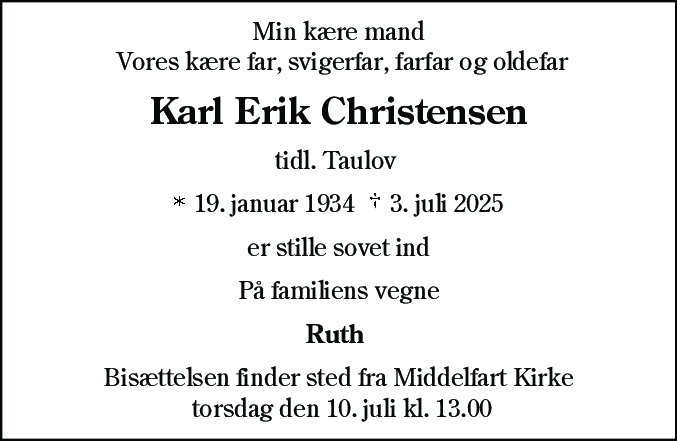 Dødsannonce for Karl Erik Christensen