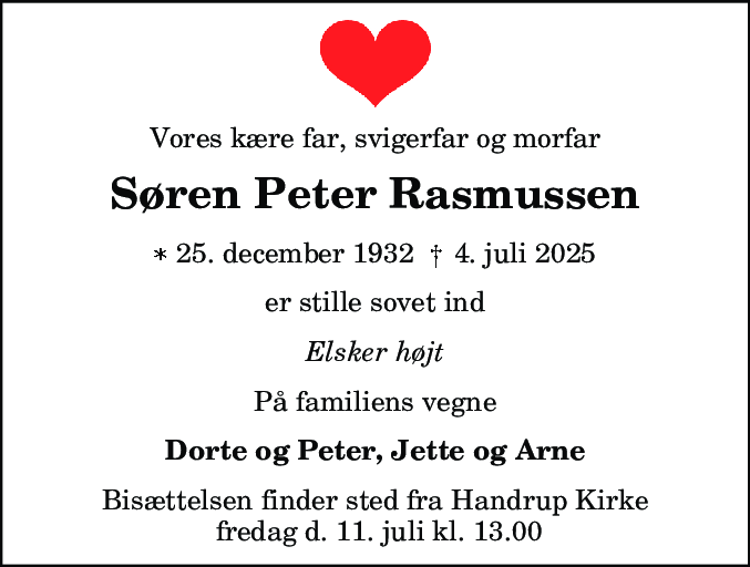 Dødsannonce for Søren Peter Rasmussen