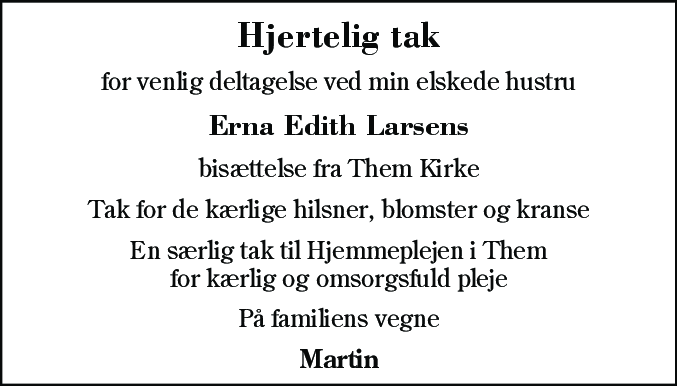 Dødsannonce for Erna Edith Larsen