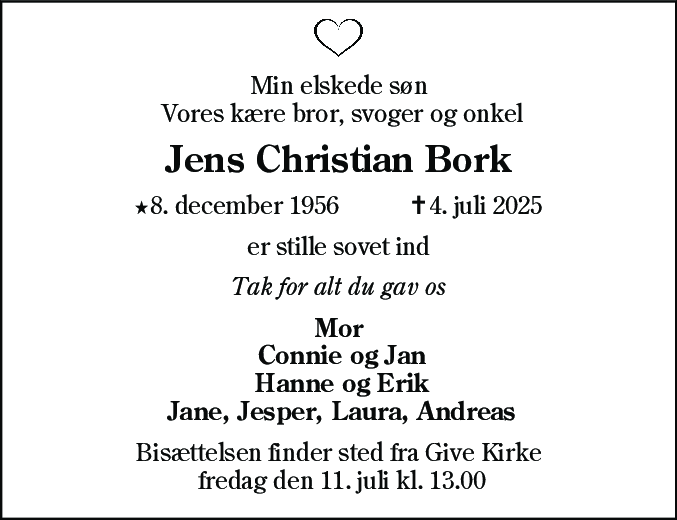 Dødsannonce for Jens Christian Bork