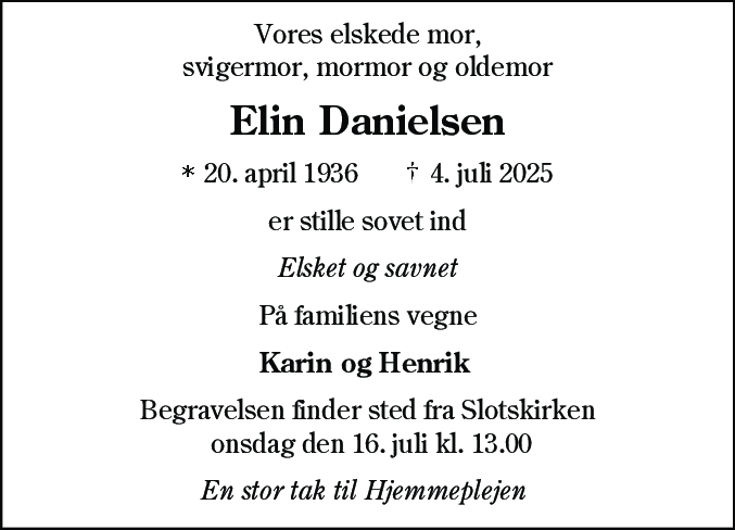 Dødsannonce for Elin Danielsen