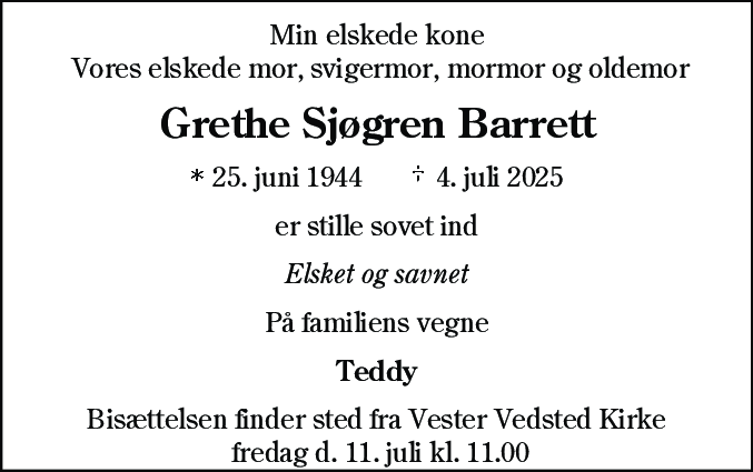 Dødsannonce for Grethe Sjøgren Barrett