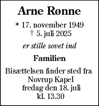 Dødsannonce for Arne Rønne