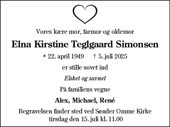 Dødsannonce for Elna Kirstine Teglgaard Simonsen