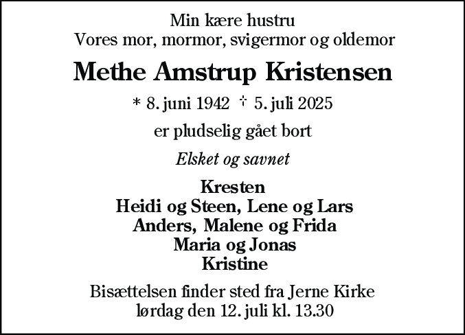 Dødsannonce for Methe Amstrup Kristensen