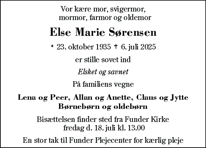 Dødsannonce for Else Marie Sørensen