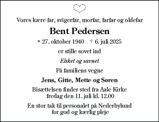 Dødsannonce for Bent Pedersen