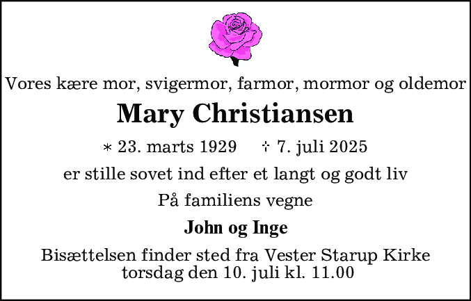 Dødsannonce for Mary Christiansen