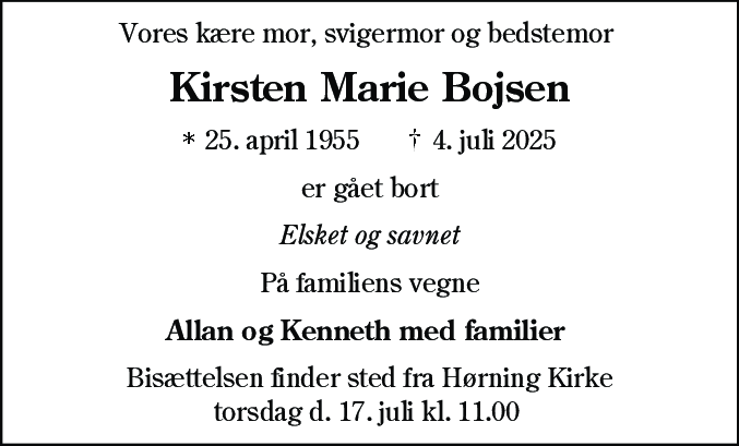 Dødsannonce for Kirsten Marie Bojsen