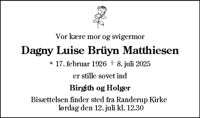 Dødsannonce for Dagny Luise Brüyn Matthiesen