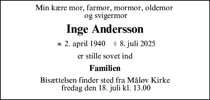 Dødsannonce for Inge Andersson