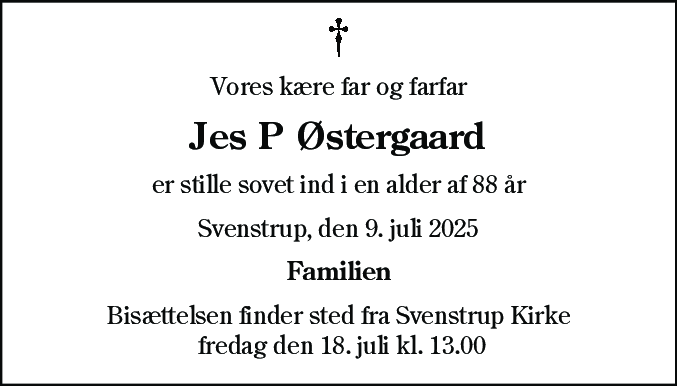 Dødsannonce for Jes P Østergaard