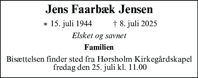 Dødsannonce for Jens Faarbæk Jensen