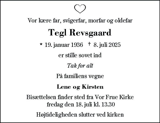 Dødsannonce for Tegl Revsgaard