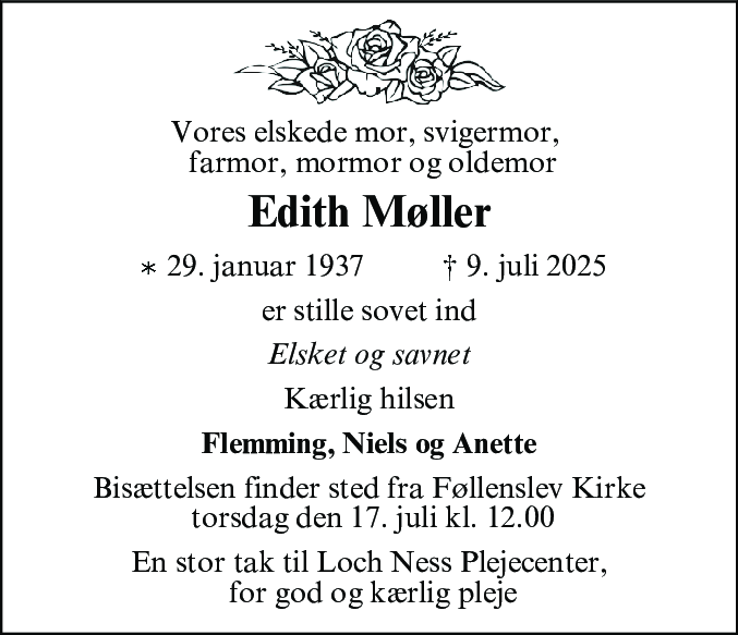 Dødsannonce for Edith Møller