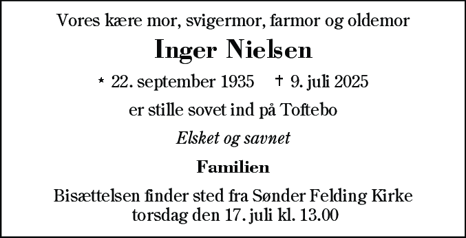 Dødsannonce for Inger Nielsen