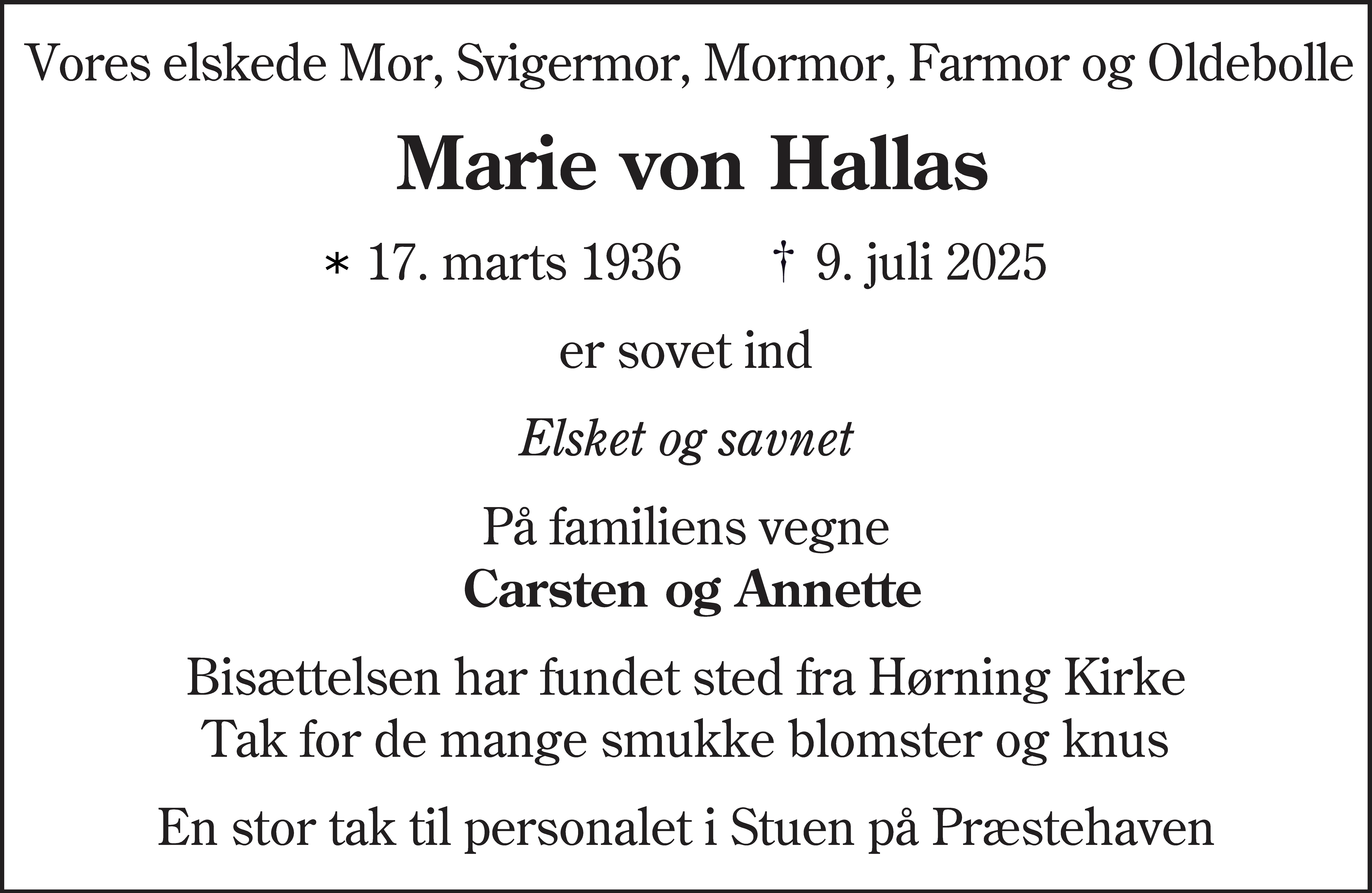 Dødsannonce for Johanne Marie von Hallas