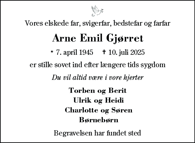 Dødsannonce for Arne Emil Gjørret