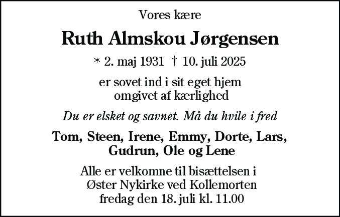 Dødsannonce for Ruth Almskou Jørgensen