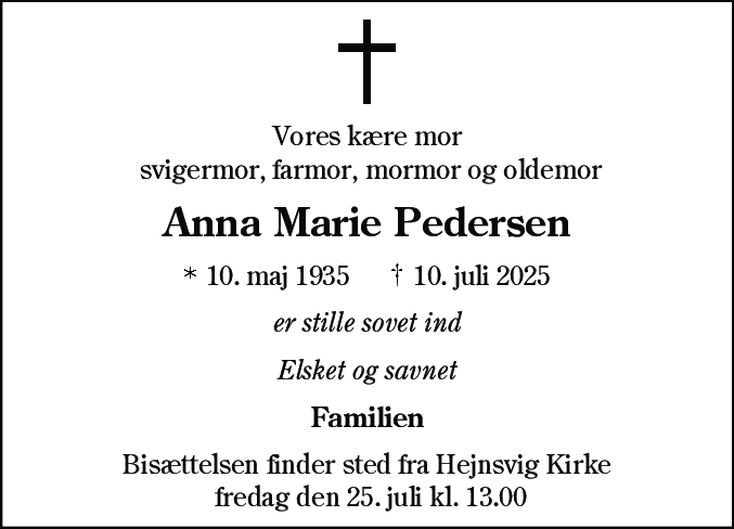Dødsannonce for Anna Marie Pedersen