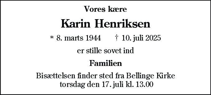 Dødsannonce for Karin Henriksen