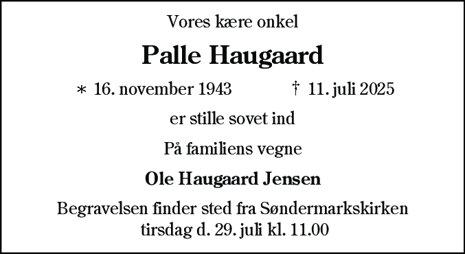 Dødsannonce for Palle Haugaard